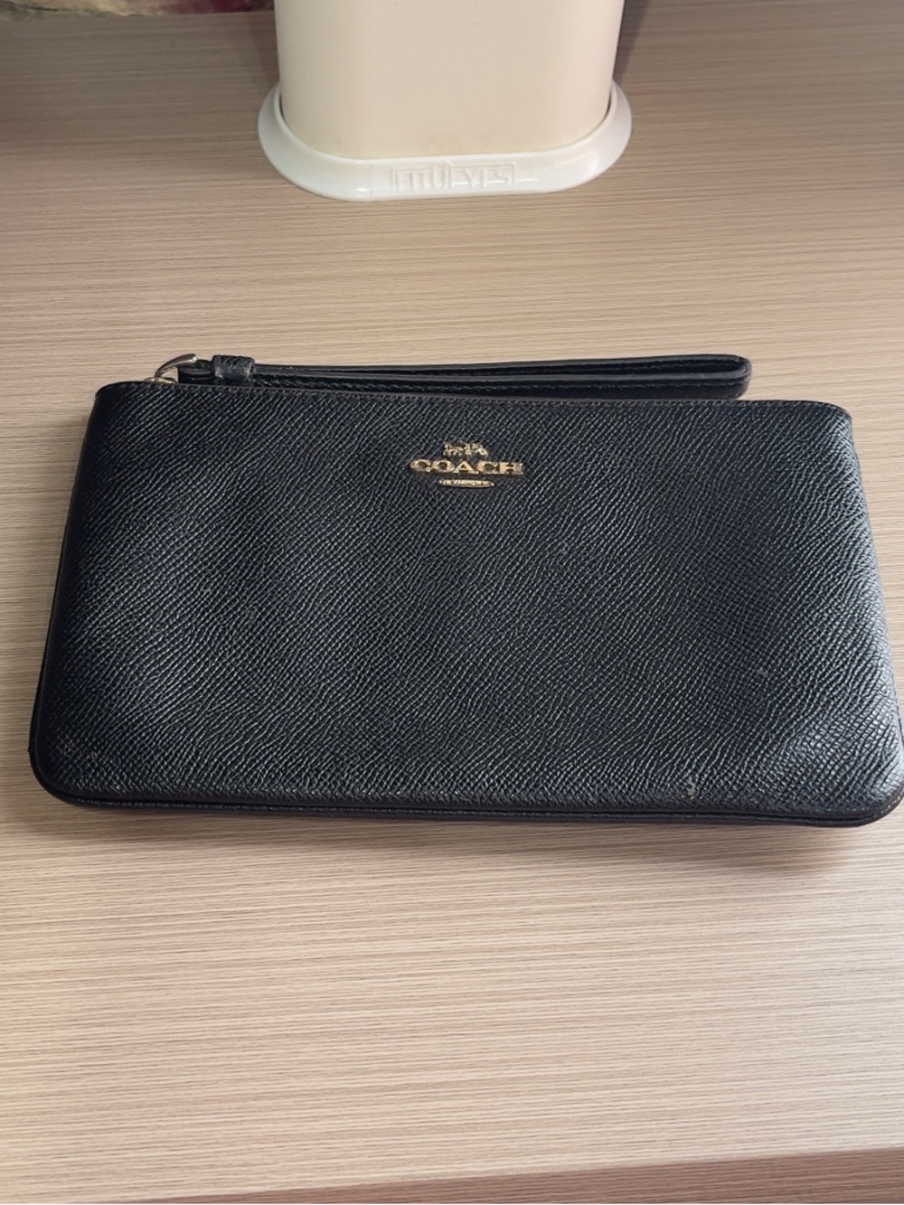 Coach Black Leather Wristlet with Gold Logo